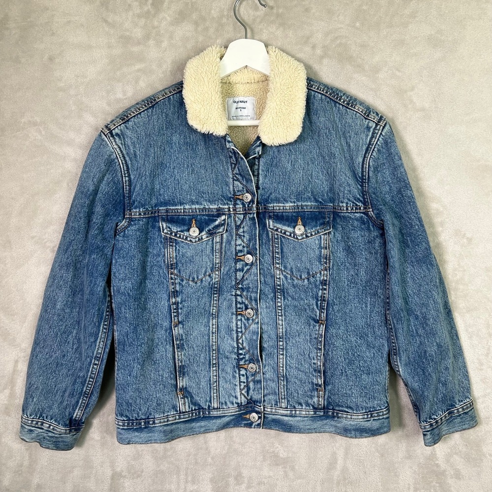 Old Navy Sherpa Lined Jean Jacket S Boyfriend Fit Light Blue 100% Cotton Cozy‎